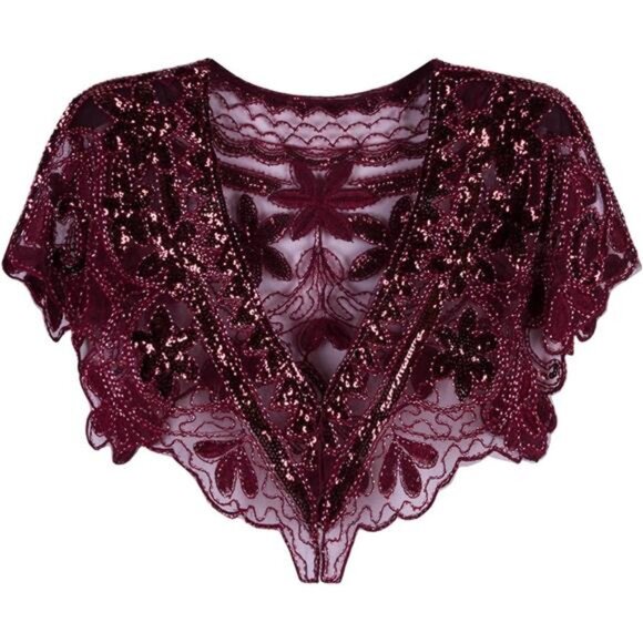 1920s Shawl Wrap Flapper Cover Up Burgundy